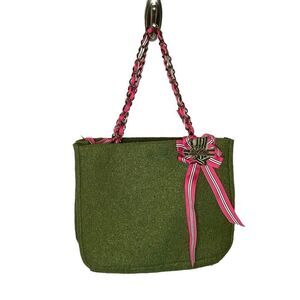 Goldie Green Tweed Shoulder Bag/Tote with Chain Straps & Preppy Pink Bow & Charm